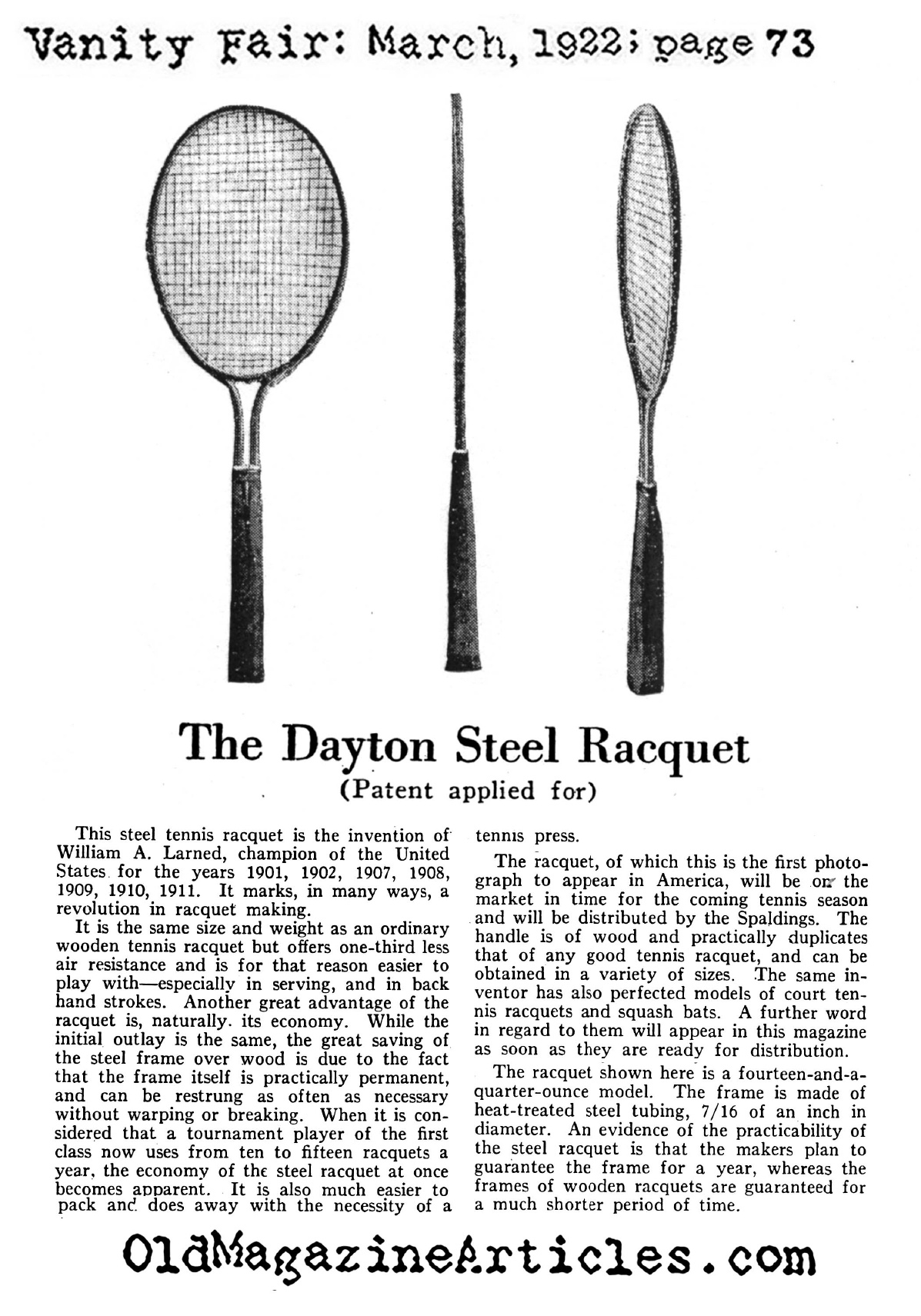 The Steel Tennis Racket Makes It's Appearance (Vanity Fair Magazine, 1922)